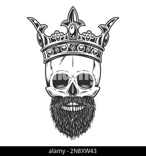 Crâne noir et blanc en couronne avec barbe isolée sur fond blanc Banque D'Images
