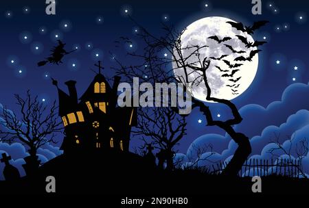Maison hantée d'halloween avec chauves-souris volantes et sorcière la nuit de lune abouve les nuages vecteur arrière-plan Illustration de Vecteur