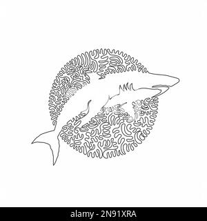 Dessin continu d'une ligne de courbe de l'art abstrait de requin effrayant dans un cercle. Illustration vectorielle de trait modifiable d'une seule ligne de requin carnivore féroce Illustration de Vecteur