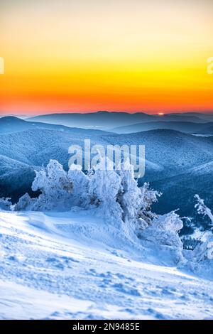 Quatre pays en une seule photo. Pologne, Slovaquie, Ukraine et Hongrie. Magnifique coucher de soleil d'hiver depuis la montagne de Tarnica, parc national de Bieszczady, Pologne. Banque D'Images