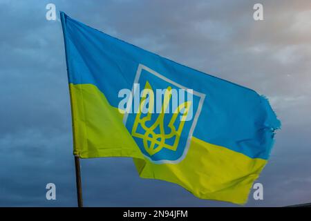 Drapeau national de l'Ukraine contre le ciel bleu, le vent souffle. Banque D'Images