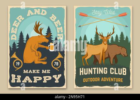 Affiches rétro du club de chasse. Cerf et bière me rendent heureux. Illustration vectorielle. Motif typographique vintage avec silhouette de cerf, d'ours et de forêt. Extérieur Illustration de Vecteur