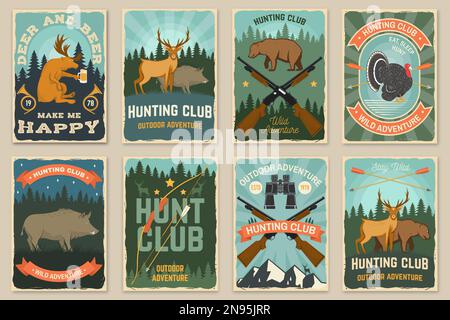 Affiche du club de chasse, bannière. Vecteur. Motif typographique vintage avec pistolet de chasse, jumelles, montagnes, dinde, ours, silhouette de cerf et de forêt Illustration de Vecteur