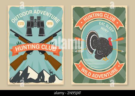 Affiche du club de chasse, bannière. Vecteur. Motif typographique vintage avec pistolet de chasse, jumelles, montagnes, dinde et silhouette de forêt. Extérieur Illustration de Vecteur