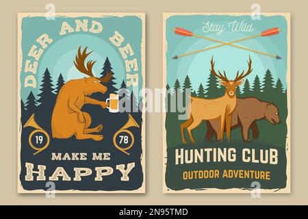 Affiches rétro du club de chasse. Cerf et bière me rendent heureux. Illustration vectorielle. Motif typographique vintage avec silhouette de cerf, d'ours et de forêt. Extérieur Illustration de Vecteur