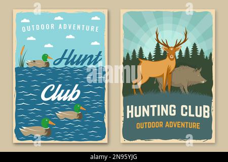 Affiche du club de chasse, bannière. Illustration vectorielle. Motif typographique vintage avec cerf, sanglier, canard sur une silhouette d'eau et de forêt. Aventure en plein air Illustration de Vecteur