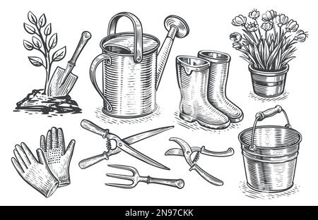 Concept de jardinage. Objets de jardin dessinés à la main, définis dans un style d'esquisse. Illustration vectorielle vintage Illustration de Vecteur