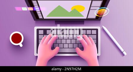 Mignon 3D les mains humaines travaillent sur un clavier d'ordinateur. Design et concept d'artiste numérique. Vue de dessus. Illustration vectorielle Illustration de Vecteur