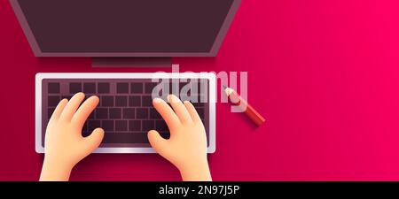 Mignon 3D les mains humaines travaillent sur un clavier d'ordinateur sur une table. Vue de dessus. Illustration vectorielle Illustration de Vecteur