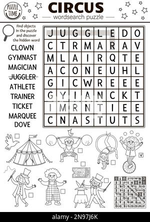 Vector Circus puzzle wordsearch pour les enfants. Mots croisés simples en noir et blanc avec des artistes amusants pour les enfants. Activité de ligne avec clown, mar Illustration de Vecteur