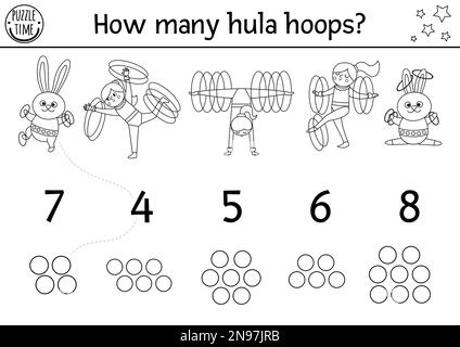 Associez le jeu de cirque noir et blanc avec de jolis gymnastes et des hula Hoops. Jeu de maths pour enfants. Comptage de la page de coloriage wi Illustration de Vecteur