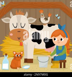 Scène vectorielle avec milkmaid. Vache de traite de fille de fermier. Un adorable enfant qui fait du travail agricole. Paysage rural. Enfant avec un animal mignon. Voiture de ferme amusante Illustration de Vecteur