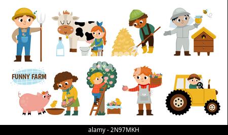 Ensemble Vector Farmers. Des enfants adorables qui font du travail agricole. Scènes de campagne rurale. Les enfants qui rassemblent du foin, nourrissent des animaux, apiculture, vache à lait. Dessin animé Illustration de Vecteur