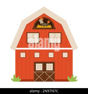 Icône de grange vectorielle isolée sur fond blanc. Illustration du hangar de ferme plat. Joli hangar en bois rouge avec fenêtres et poule dans le nid. Rural ou jardin Outhou Illustration de Vecteur