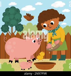 Scène vectorielle avec éleveur de bétail. Fille paysanne nourrissant des animaux. Un adorable enfant qui fait du travail agricole. Paysage rural. Enfant avec mignon cochon et chic Illustration de Vecteur