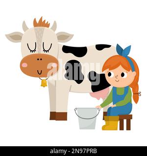 Icône de la sirène vectorielle. Vache de traite de fille de fermier. Un adorable enfant qui fait du travail agricole. Scène rurale. Enfant avec un animal mignon. Illustration amusante de la ferme Illustration de Vecteur