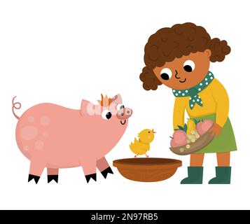 Icône d'éleveur de bétail vectoriel. Fille paysanne nourrissant des animaux. Un adorable enfant qui fait du travail agricole. Scène rurale. Enfant avec mignon porc et poulet. Drôle Illustration de Vecteur