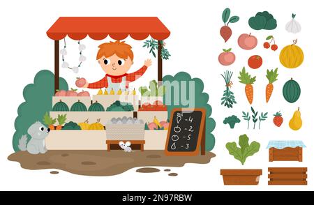 Un agriculteur vectoriel qui vend des fruits et des légumes dans une icône de rue. Jolie scène de marché agricole. Paysage rural. Fournisseur enfant au stand. Ferme amusante Illustration de Vecteur