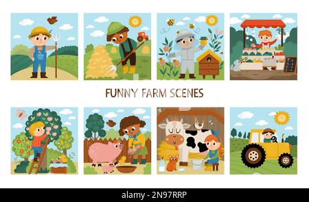 Ensemble de scènes de ferme vectorielle. Des enfants adorables qui font du travail agricole. Paysages ruraux avec les agriculteurs. Les enfants qui rassemblent du foin, nourrissent des animaux, apiculture, Illustration de Vecteur