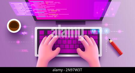 Mignon 3D les mains humaines travaillent sur un clavier d'ordinateur. Concept de programmation et de développement. Vue de dessus. Illustration vectorielle Illustration de Vecteur