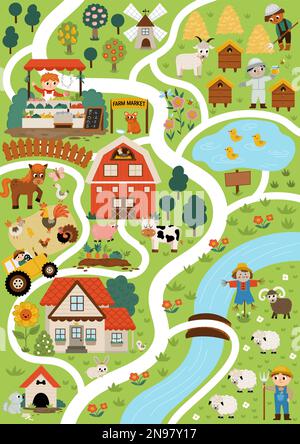 Carte du village agricole. Contexte de la vie dans le pays. Vector rural area présente des éléments graphiques avec des animaux, des enfants, une grange, un tracteur. Plan de campagne avec Illustration de Vecteur