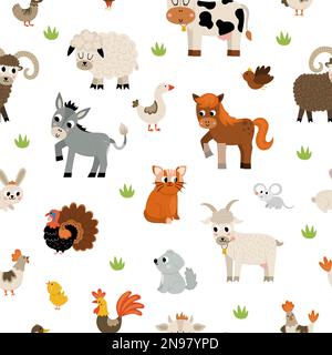 Motif vectoriel sans couture avec animaux de ferme et oiseaux. Répéter le fond avec la vache, le cheval, la chèvre, le mouton, le canard, poule, porc. Campagne rurale thème nature d Illustration de Vecteur