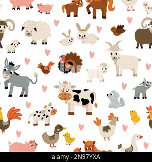 Motif vectoriel sans couture avec animaux de ferme et oiseaux. Répéter le fond avec la vache, le cheval, la chèvre, le mouton, le canard, poule, cochon et leurs enfants. Mignonne mère et petit garçon Illustration de Vecteur