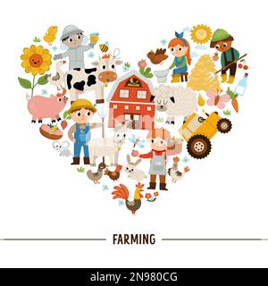 Cadre en forme de coeur de ferme vectoriel avec les agriculteurs et les animaux. Modèle de carte de pays rural ou modèle de marché local pour bannières, invitations. Campagne mignonne Illustration de Vecteur