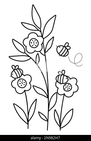 Fleurs noires et blanches vectorielles avec abeilles. Illustration de contour drôle ou page de coloriage avec les plantes pollinisantes de bourdons. Insectes de miel avec verdure Illustration de Vecteur