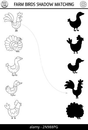 Ombre de la ferme noire et blanche correspondant à l'activité avec les oiseaux. Puzzle de la ligne de village de campagne avec de mignons poules, coq, oie, dinde. Trouver la silhouette correcte p Illustration de Vecteur