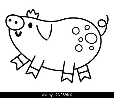 Icône de porcelet noir et blanc vectoriel. Jolie petite illustration de la ligne de cochon de dessin animé pour les enfants. Bébé animal de ferme isolé sur fond blanc. Bétail coloré Illustration de Vecteur