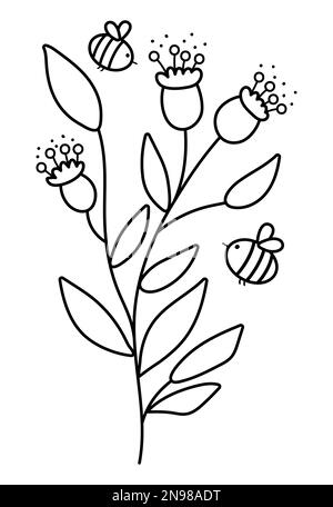 Fleurs noires et blanches vectorielles avec abeilles. Illustration de contour drôle ou page de coloriage avec les plantes pollinisantes de bourdons. Insectes de miel avec verdure Illustration de Vecteur