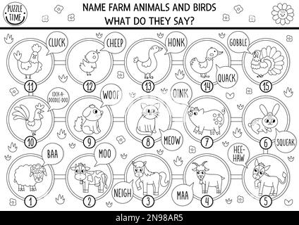 Jeu de table noir et blanc pour les enfants avec des animaux de ferme, des oiseaux et leurs sons. Jeu de société campagnard. Activité rurale ou coloriage pag Illustration de Vecteur