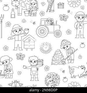 Motif vectoriel noir et blanc sans couture avec les agriculteurs. Soulignez le fait que les enfants font du travail agricole. Papier numérique rural. Ferme c Illustration de Vecteur