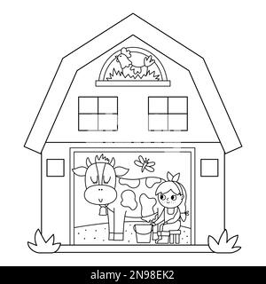 Icône de grange noire et blanche Vector avec vache à lait pour fille à l'intérieur. Page de coloriage du hangar de ferme. Hangar à bois avec fenêtres et la poule dans le nid. Rural ou ga Illustration de Vecteur