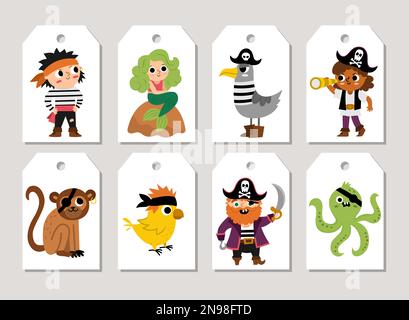 Mignon pirate étiquettes prix cartes ensemble avec navire, capitaine, marins, poitrine, carte, perroquet, poulpe, mouette. Modèles d'impression vectorielle Treasure Island. Mer des Illustration de Vecteur