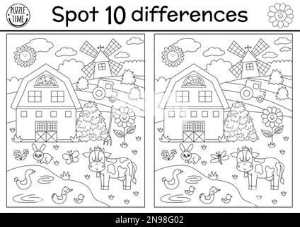 Sur la ferme noir et blanc trouver des jeux de différences pour les enfants. Activité éducative avec un joli paysage rural de village. Puzzle de la scène de campagne avec Illustration de Vecteur