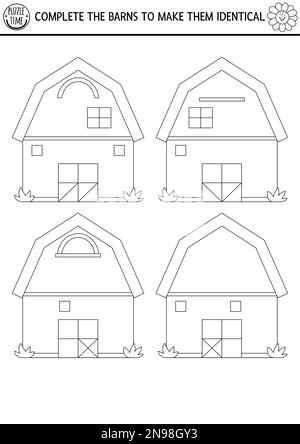 Noir et blanc trouver des différences, logique et jeu de dessin pour les enfants. Sur l'activité éducative de la ferme avec la maison de la grange. Terminer le travail d'impression d'images Illustration de Vecteur