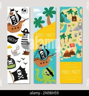 Ensemble de cartes verticales de pirate mignon avec navire, capitaine, poitrine, carte, palmiers, poulpe, mouette. Modèles d'impression verticale Vector Treasure Island. P marine Illustration de Vecteur