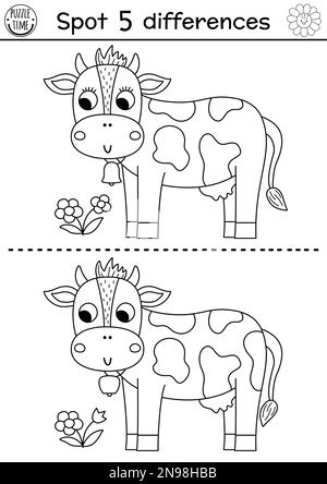 Sur la ferme noir et blanc trouver des différences jeu pour les enfants. Activité éducative avec jolie vache et fleur. Puzzle rural de la campagne avec fa drôle Illustration de Vecteur