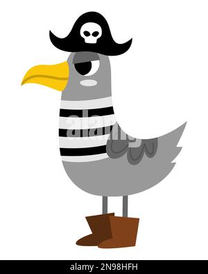 Icône vecteur de pirate en forme de mouette. Illustration d'un oiseau de mer mignon. Trésor Island Hunter dans une chemise strippy et un chapeau coked noir. Élément de fête pirate drôle pour ki Illustration de Vecteur