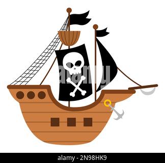 Icône de bateau pirate vectoriel. Illustration d'un joli bateau de mer. Trésor île chasseur bateau avec voiles noires, crâne et os croisés. Drôle d'oreme de fête de pirate Illustration de Vecteur