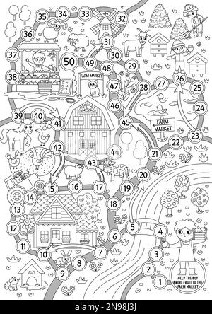 Jeu de dés noir et blanc de ferme pour les enfants avec carte de village. Contour campagne paysage jeu de société. Page de coloriage rural pour les enfants. Il Illustration de Vecteur