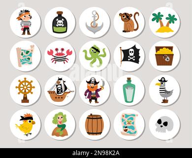 Ensemble de cartes rondes de pirate mignon avec navire, capitaine, marins, poitrine, carte, perroquet, poulpe, mouette. Icônes de mise en surbrillance de l'île Vector Treasure Island. Conception marine f Illustration de Vecteur