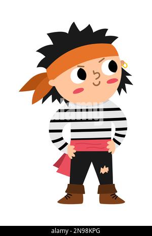 Icône vecteur pirate garçon. Illustration du capitaine de mer. Trésor Island Hunter en chemise strippy. Drôle de pirate élément de partie pour les enfants isolé sur b blanc Illustration de Vecteur