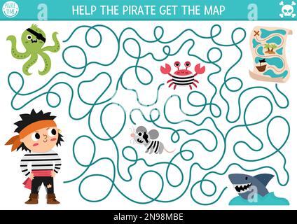 Labyrinthe de pirates pour les enfants. Chasse au Trésor, activités préscolaires avec capitaine raider mignon, pieuvre, rat, requin, crabe. Jeux de labyrinthe d'aventures de mer ou Illustration de Vecteur