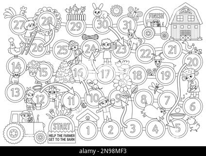 Jeu de société noir et blanc de ferme pour les enfants avec des animaux mignons et les petits agriculteurs. Outline campagne jeu de société avec tracteur, animaux. Pays rural c Illustration de Vecteur