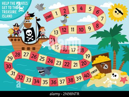 Jeu de dés de pirate pour enfants avec Trésor de chasse de bateau de pirate mignon. Treasure Island Hunt jeu de société avec des pirates, coffre. Aventures en mer à printa Illustration de Vecteur