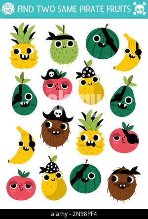 Trouvez deux mêmes fruits pirates. Activité d'association de trésors pour les enfants. Questionnaire éducatif Sea Adventures pour les enfants pour les compétences d'attention. Illustration de Vecteur
