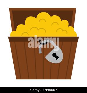 Coffre au Trésor ouvert avec de l'or. Coffre en bois pirate avec bijoux et serrure. Treasure Island Element isolé sur fond blanc. Ancienne icône de boîte en bois Illustration de Vecteur